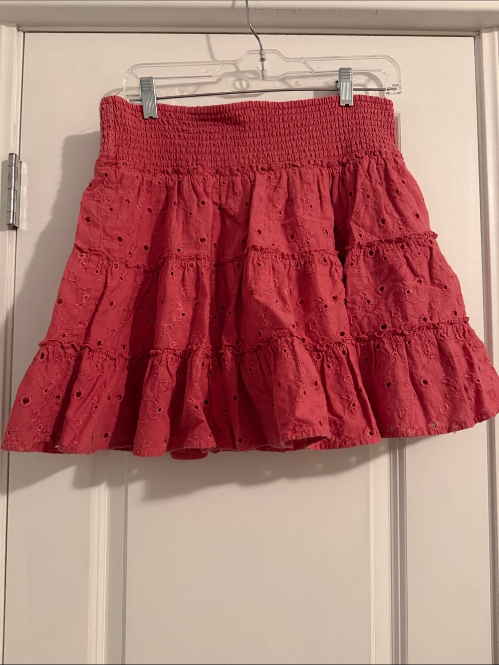 American Eagle Outfitters Coral Red Eyelet Tiered Mini Skirt